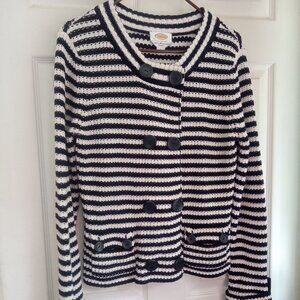 Share TALBOTS Sz L 100% Cotton cardigan jacket Navy White nautical stripes NEW n